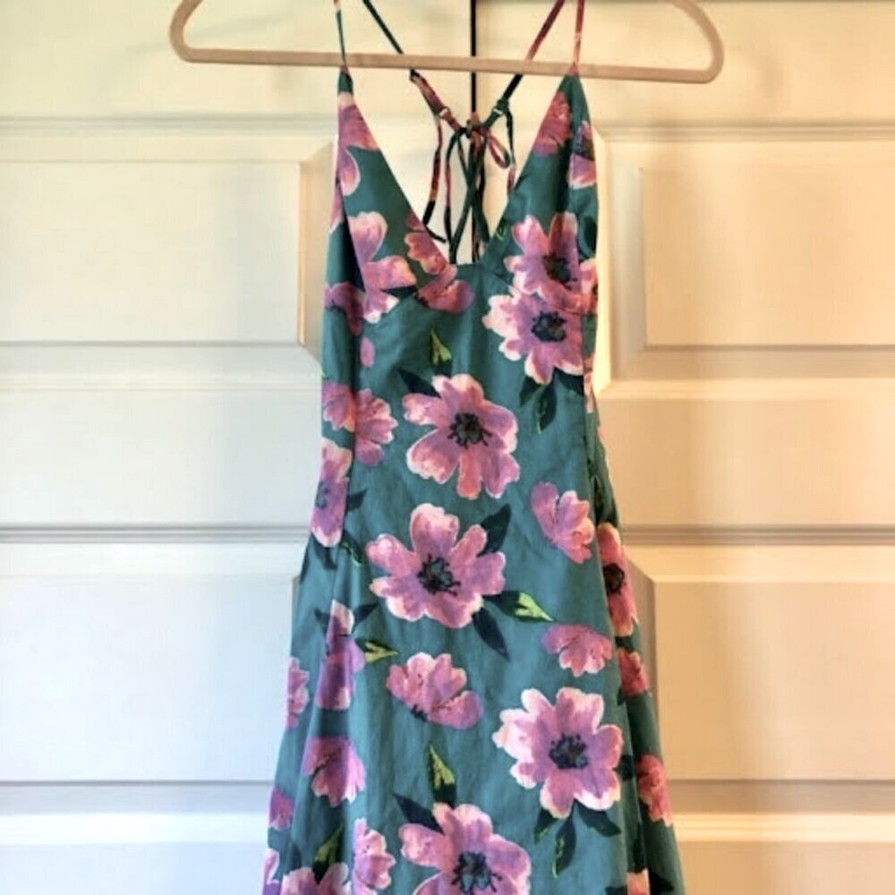 NWT FREE PEOPLE FINER THINGS TEAL FLORAL STRAPPY BOHO MIDI SUNDRESS M - Picture 7 of 10